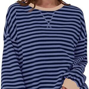 Women Oversized Striped Color Block Long Sleeve Crew Neck Sweatshirt